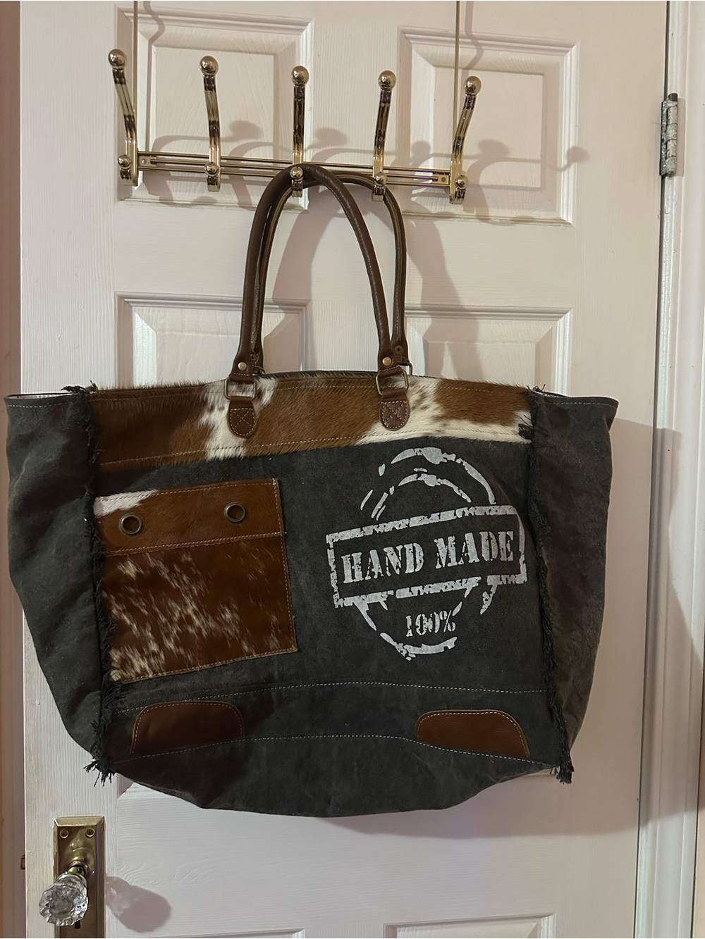 Myra Bag Gray and Brown Canvas Duffel with Cowhide Accents